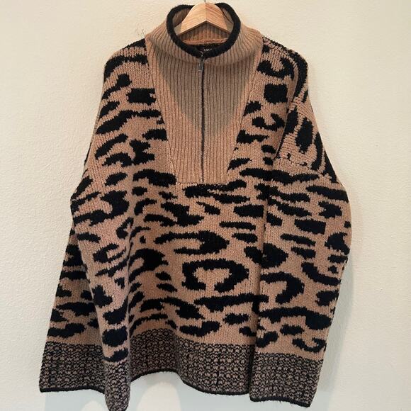 Aqua Bloomingdales Sweater 1/2 Zip Leopard Animal Print SZXXL Brown Black - Picture 4 of 11